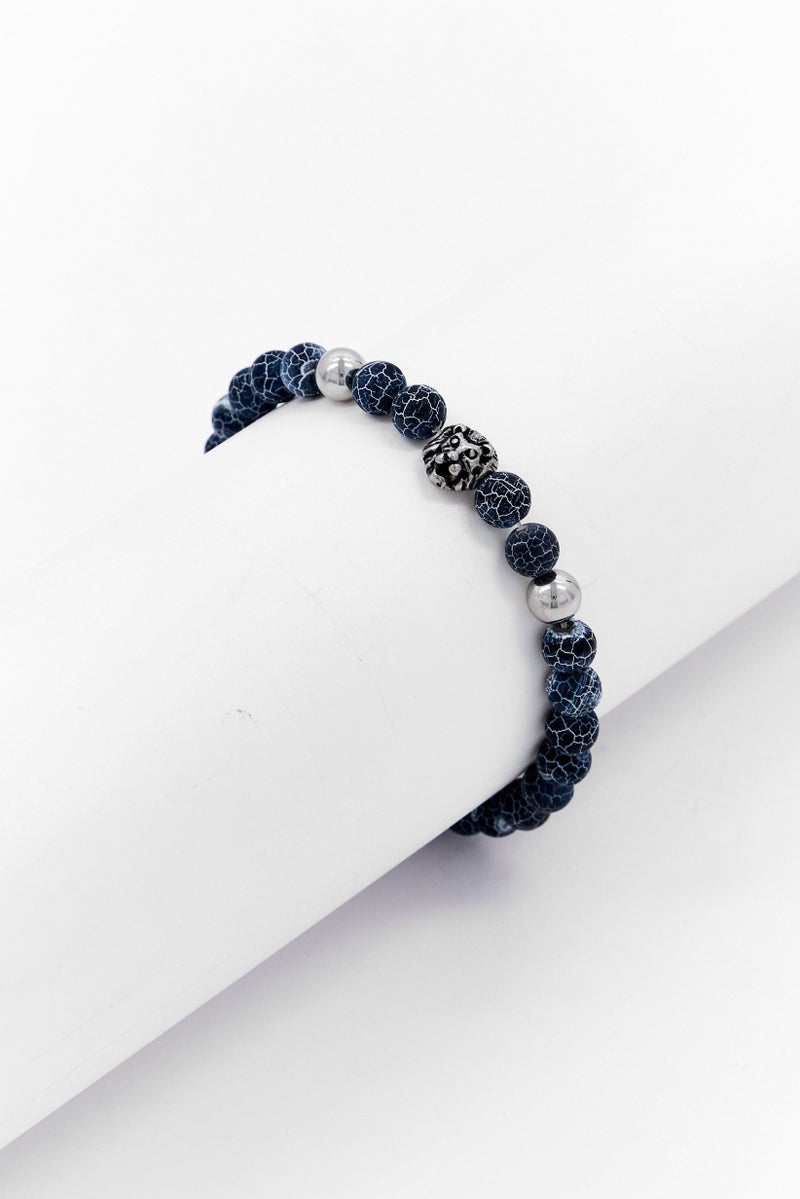 Steeltime Men Agate And Stainless Steel Lion Head Beaded Bracelet, Gray - Image 1